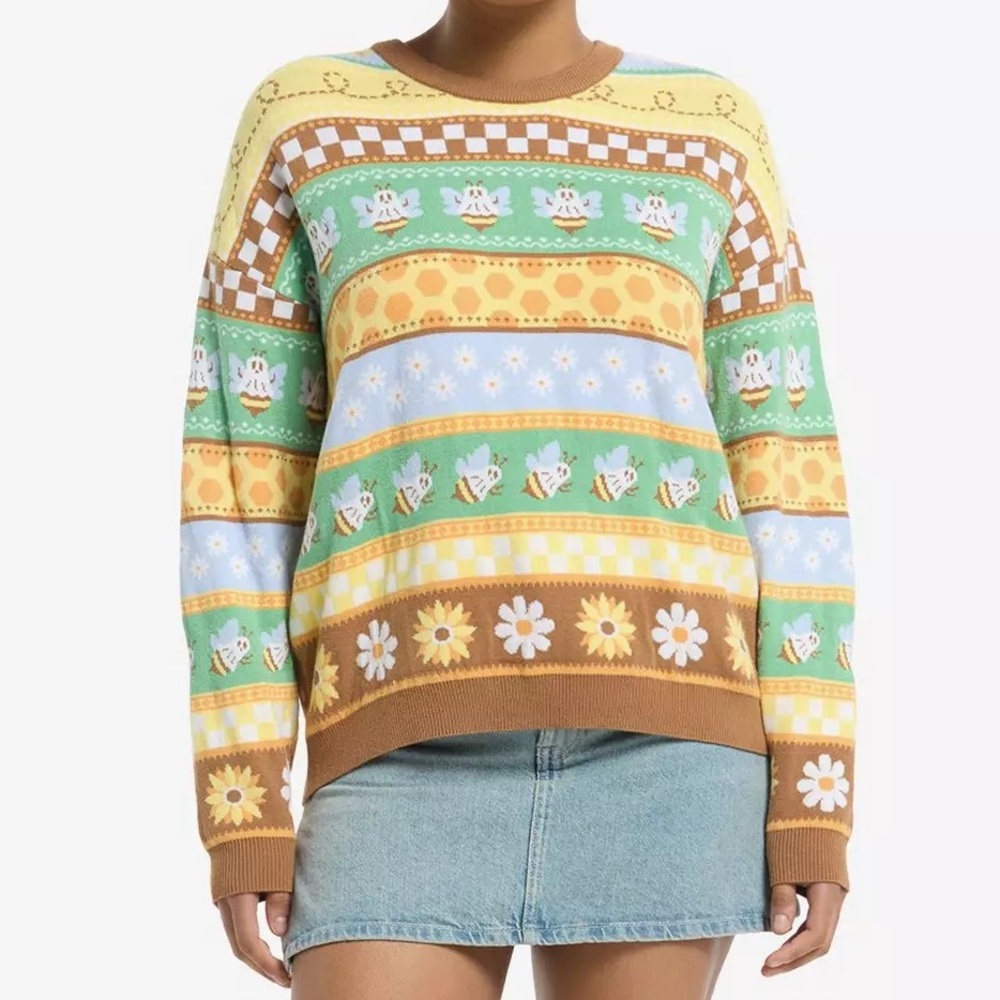 Thorn & Fable Ghost Bee & Sunflower Stripe‎ Sweater Hot Topic Halloween